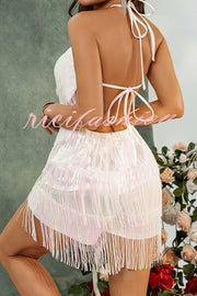 Shiny Sexy Halterneck Backless Lace-up Fringed Sequin Rompers