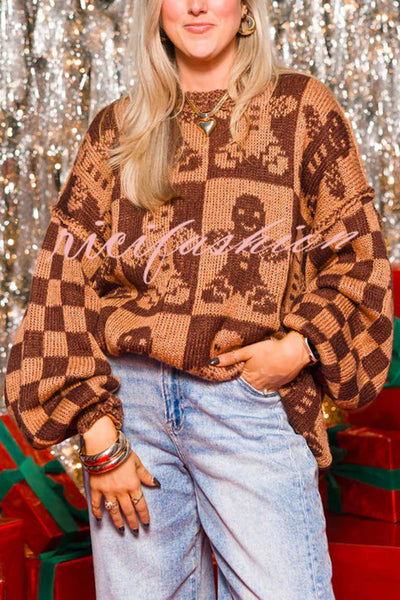 Christmas Gingerbread Man Round Neck Long Sleeve Loose Knit Sweater