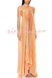 Luxurious Atmosphere Satin Halter Neck Backless A-line Gown Maxi Dress