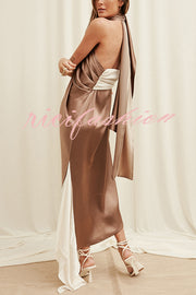 Elegant Whisper Satin Colorblock Halter Asymmetrical Hem Drape Maxi Dress