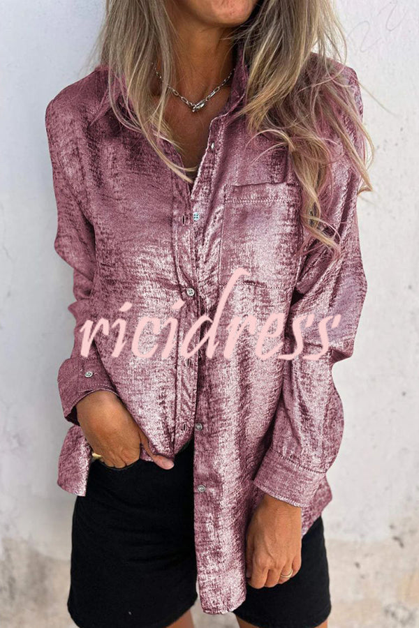 First and Fabulous Metallic Fabric Button Up Long Sleeve Loose Blouse