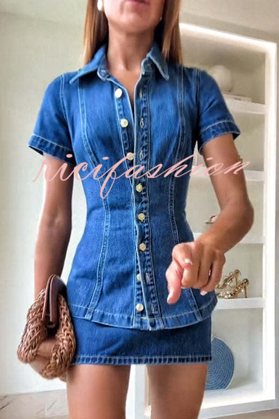 Modern Flavor Denim Short Sleeve Button Up Princess Seams Stretch Top