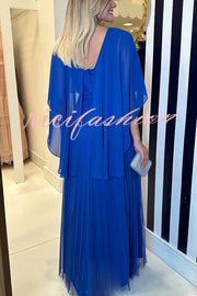 Ready for Holiday Cape Sleeve Tie-up Pleated Maxi Dress