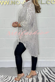 Party Season Solid Color Sequin Button Long Sleeve High Low Shirt