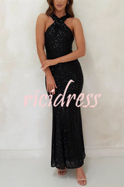 Time To Sparkle Sequin Cross Halter Neck Backless Maxi Dress