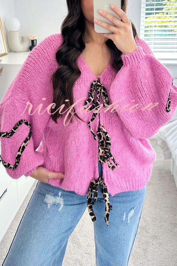 Fashionable Loose Long-sleeved Leopard Print Lace-up Knitted Sweater Cardigan