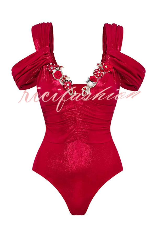 Solid Color Shiny Fabric Deep V Metal Embellished Stretch One-piece Swimsuit