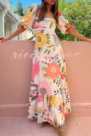 Looking for Sunshine Floral Print Square Neck Bubble Sleeve Maxi Dress