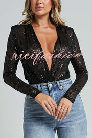 Alora Sequin Wrap Front Plunge Neck Long Sleeve Bodysuit