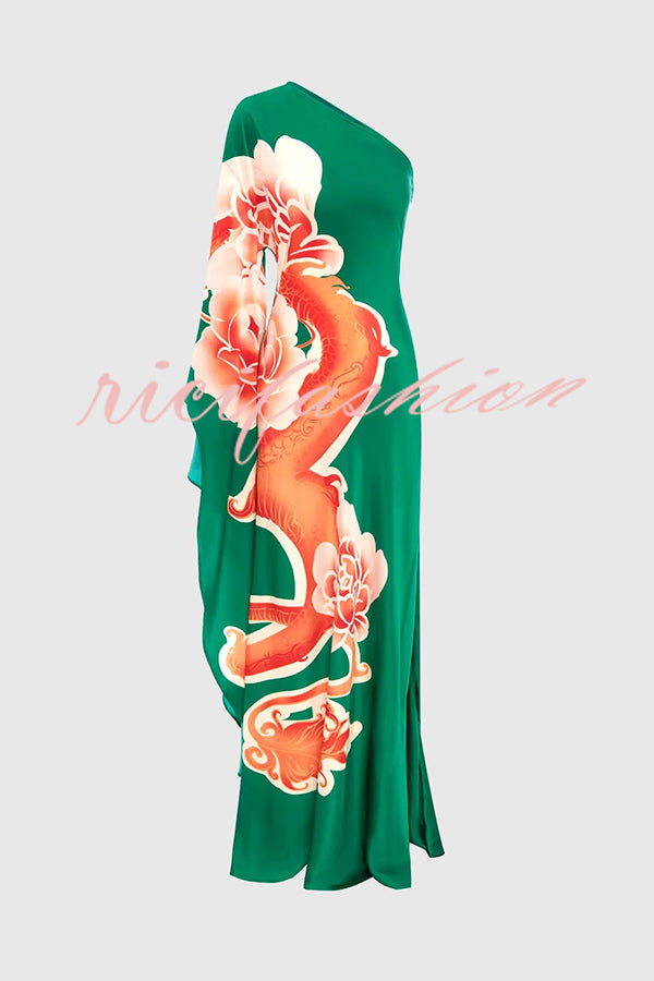 Elegance and Grace Satin Dragon Print One Shoulder Drape Sleeve Maxi Dress