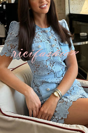 Luxury Beauty Embroidered Floral Lace Jewel Buttons Pocket Belted Mini Dress