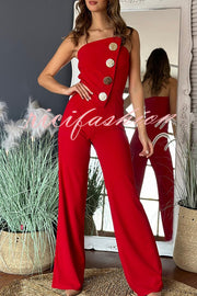 Solid Color Sexy Tube Top Gold Button Embellished Bootcut Jumpsuit