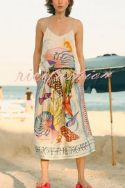 Dreamy Ocean Satin Unique Print Elastic Waist Pocket Vacation Midi Skirt