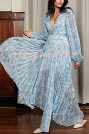 Dreamy Seaside Floral Balloon Sleeve Pleated Lightweight Maxi Dress