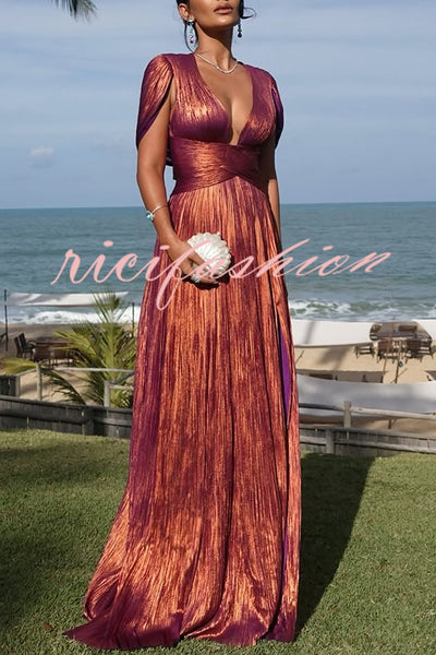 Dreamy Destiny Metallic Fabric Cape Sleeve Back Tie-up Maxi Dress