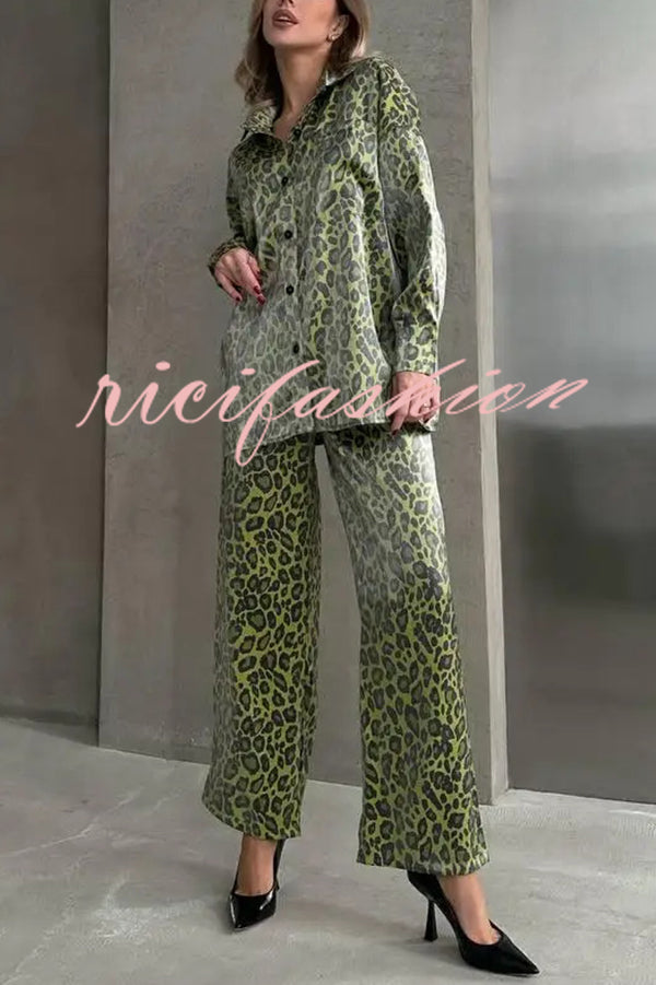 Leopard Print Long-sleeved Casual Top and Loose Elastic Waist Tie Pants Set