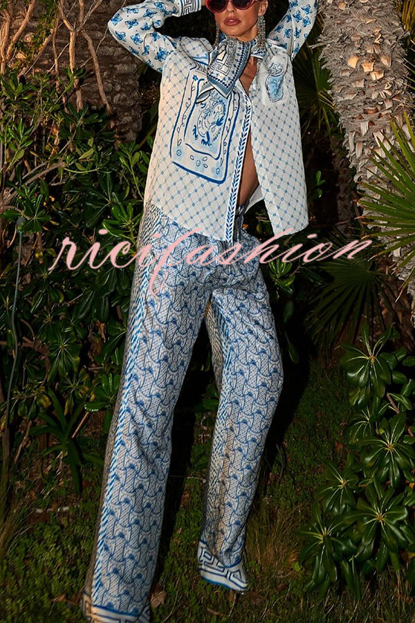 Stylized Dragon Satin Unique Print Long Sleeve Loose Shirt and Elastic Waist Pants Set