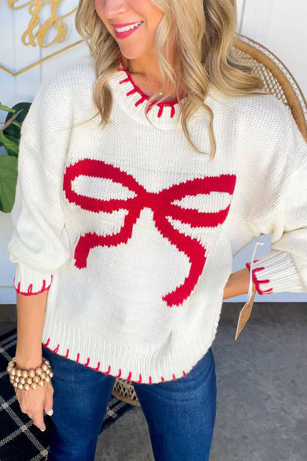 Christmas Bow Contrast Color Locked Edge Long Sleeve Knitted Sweater