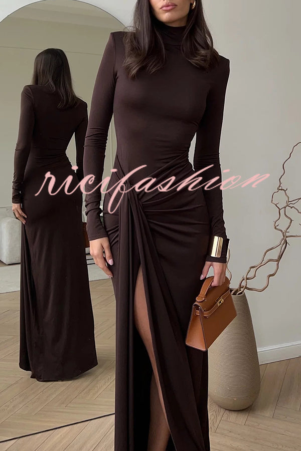 Luxe Silhouette High Neck Shoulder Pads Drape Stretch Maxi Dress