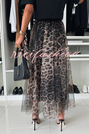 Autumn Jungle Tulle Leopard Print Elastic Waist A-line Maxi Skirt