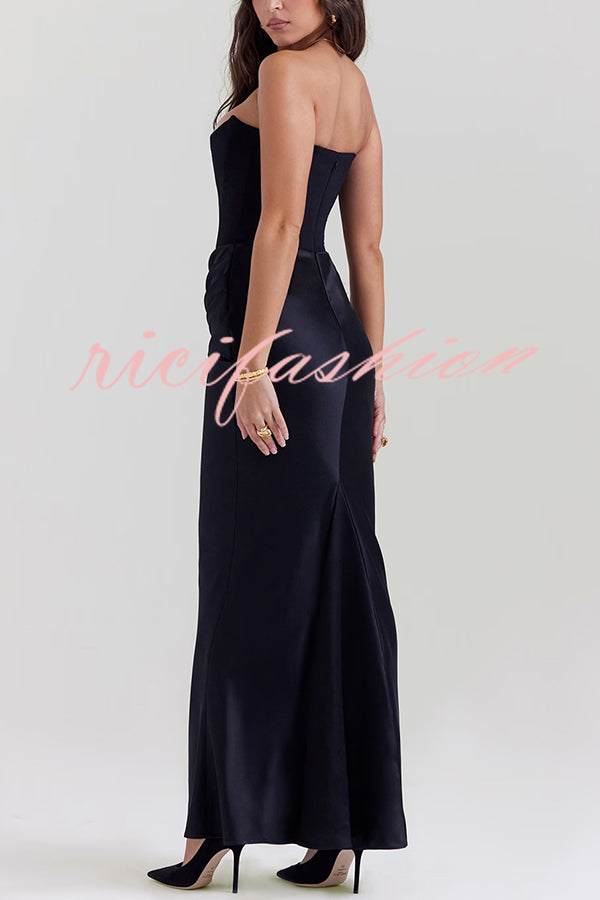 Persephone Crepe and Satin Patchwork Off Shoulder Ruched Maxi Dress