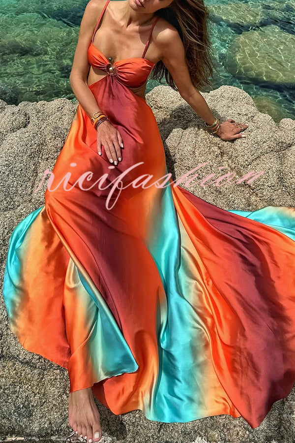 Neon Sunset Printed Metal Decoration Cutout Back Tie-up Vacation Maxi Dress