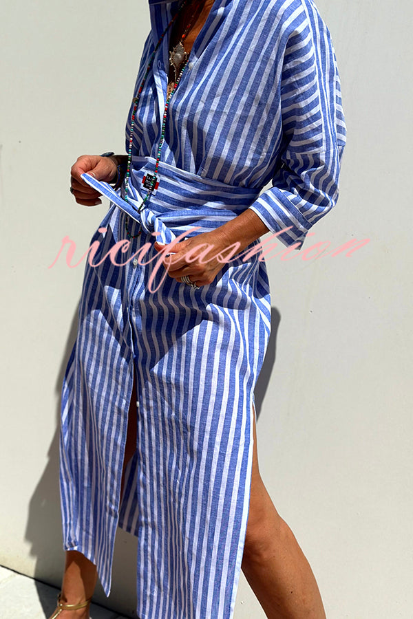 Summer Splendor Printed Button Half Sleeve Belt Loose Shirt Midi Dress