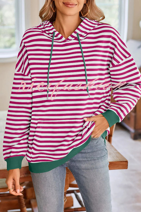 Striped Print Long Sleeve Pocket Loose Hoodie