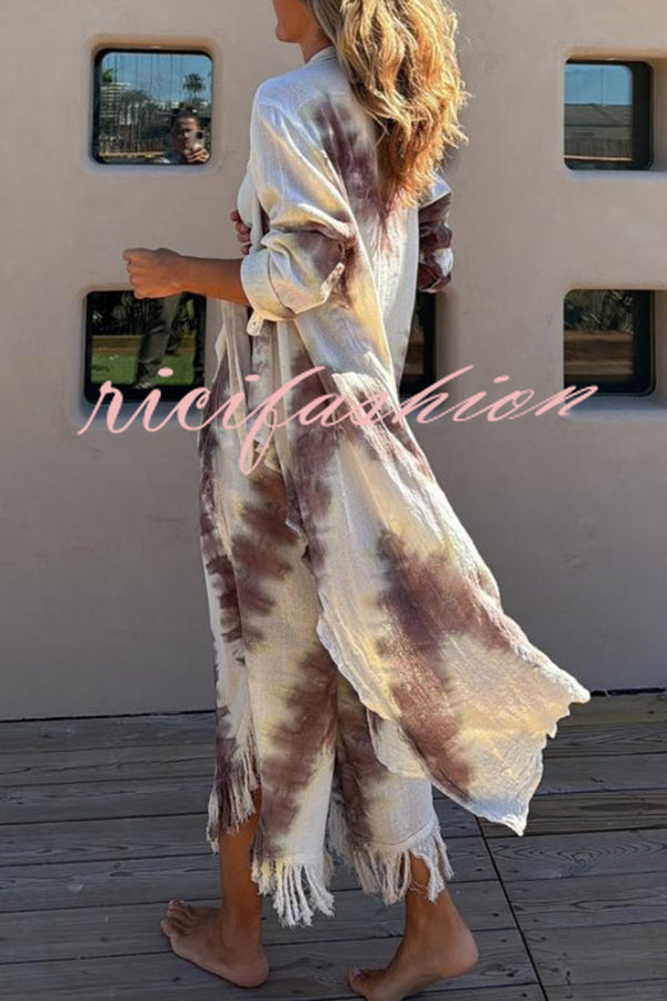 Kailani Linen Blend Tie-dye Print Irregular Hem Duster Kimono