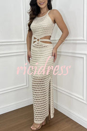 Stunning Gaze Knit Texture Ring Side Waist Cutout Stretch Maxi Dress