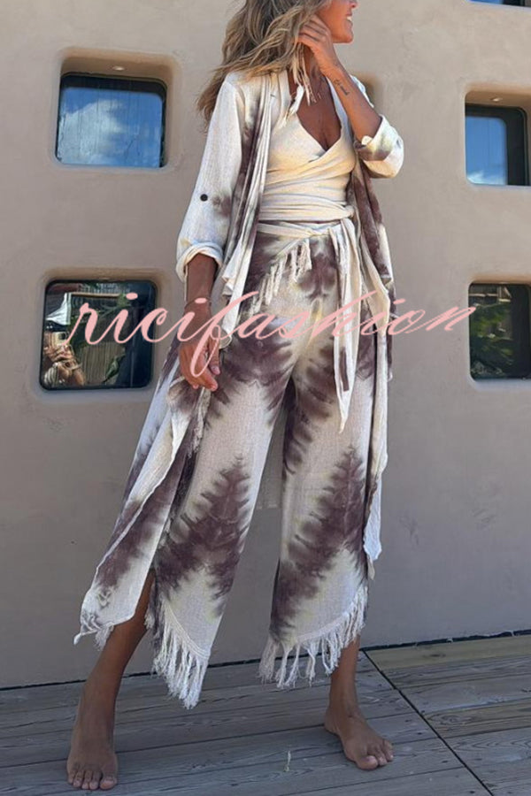 Kailani Linen Blend Tie-dye Print Irregular Hem Duster Kimono