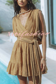 Glimpse of Happiness Linen Blend Draped Braids Belt Cover Up Mini Dress