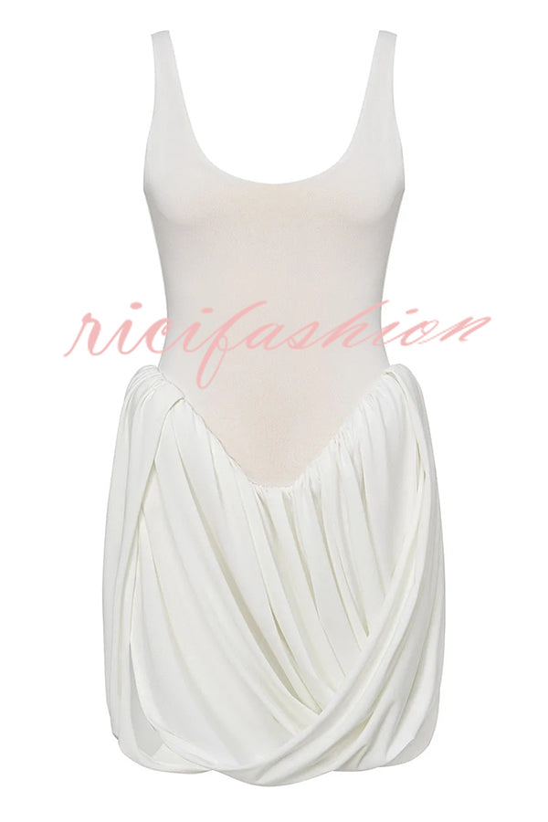 Inspiring Allure Puffy Pleated Draped Trim Tank Stretch Mini Dress