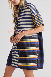 Contrast Striped Patchwork Denim Lapel Loose Casual Mini Dress