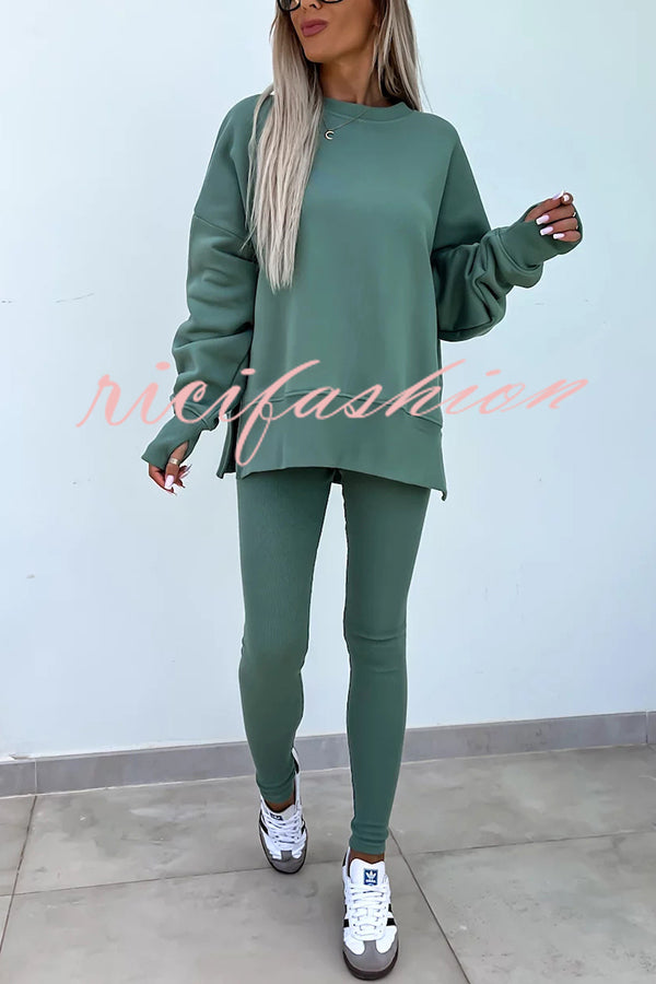 Solid Color Loose Long Sleeve SlitSweatshirt and Elastic Waist Tight Pants Set