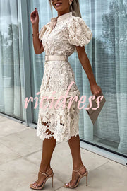 Absolutely Elegant Floral Crochet Lace Puff Sleeve Belted Shirt Midi Dress