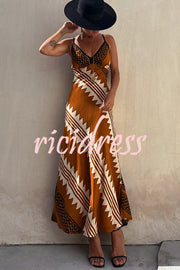 Always Falling Satin Ethnic Print Smocked Back Midi Dress