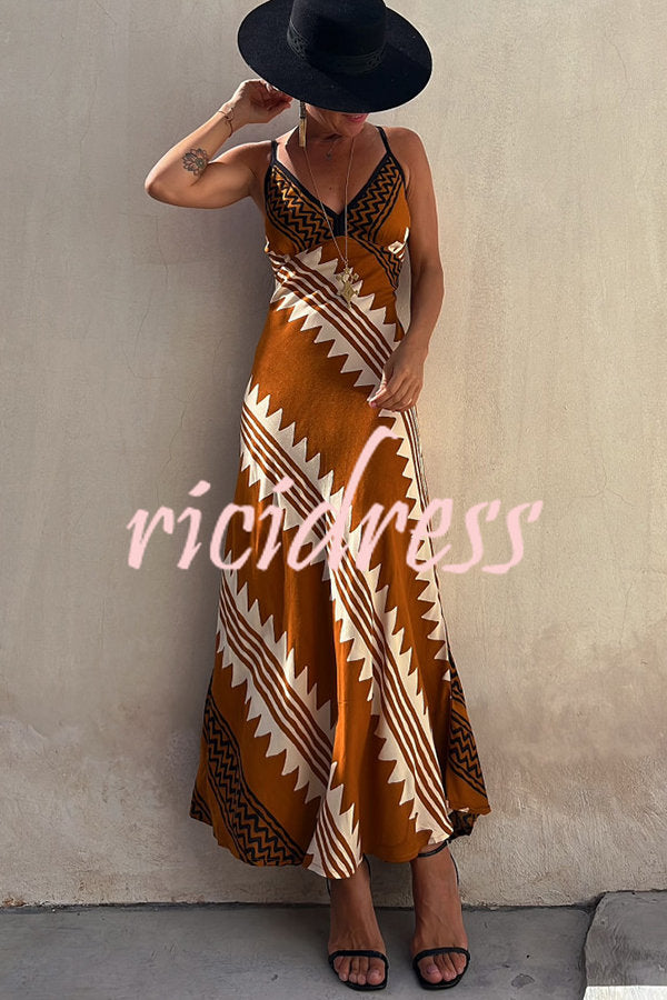 Always Falling Satin Ethnic Print Smocked Back Midi Dress