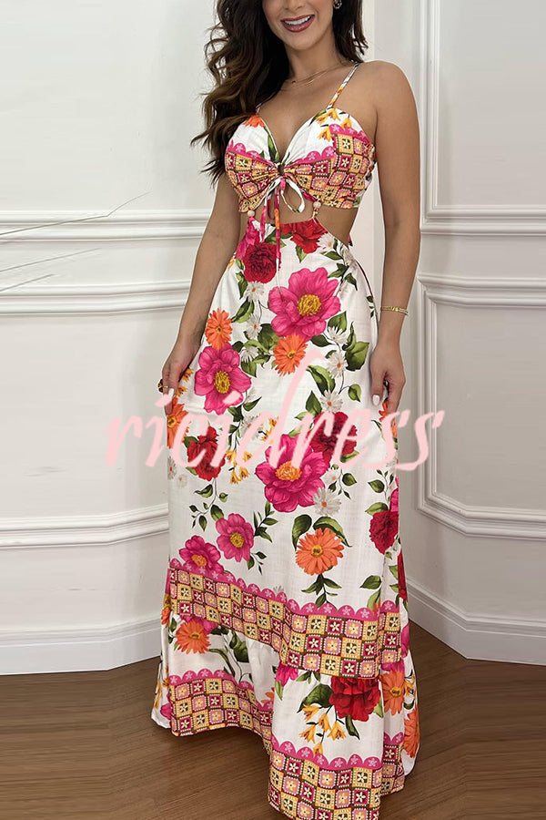 Mexico Style Tropical Print Ring Cutout Lace-up Vacation Maxi Dress