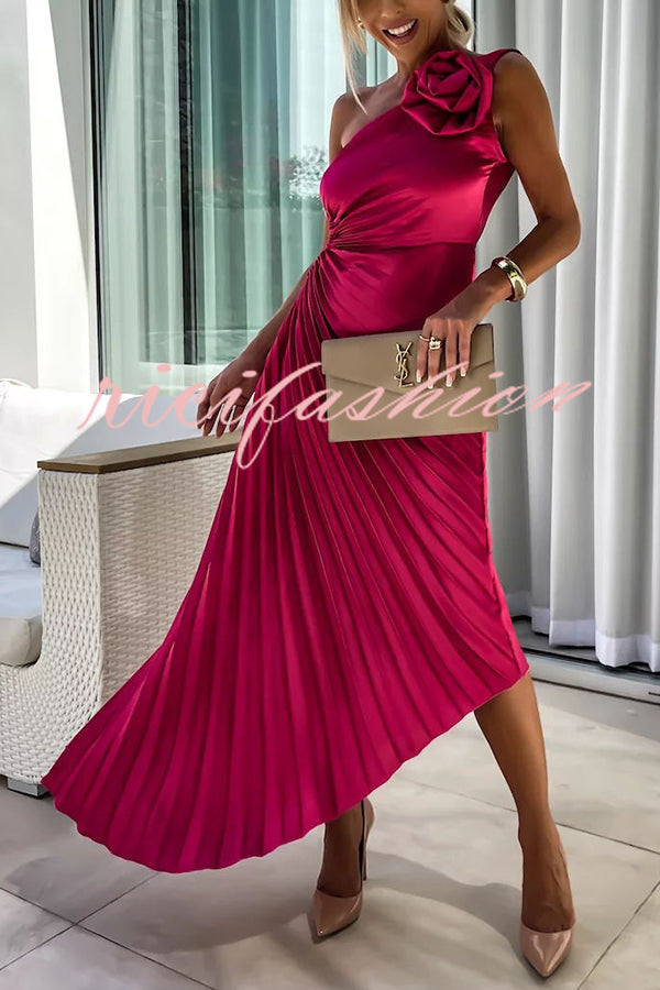 Romantic Nights Satin Raised Flower Elastic Cutout One Shoulder Pleated Maxi Dress