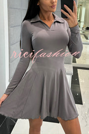 Solid Color Lapel Long Sleeve Slim Fit Waist Mini Dress