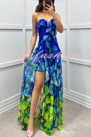 Loving Moment Gradient Unique Print Flowing Layered Ruffles Strapless Slit Maxi Dress