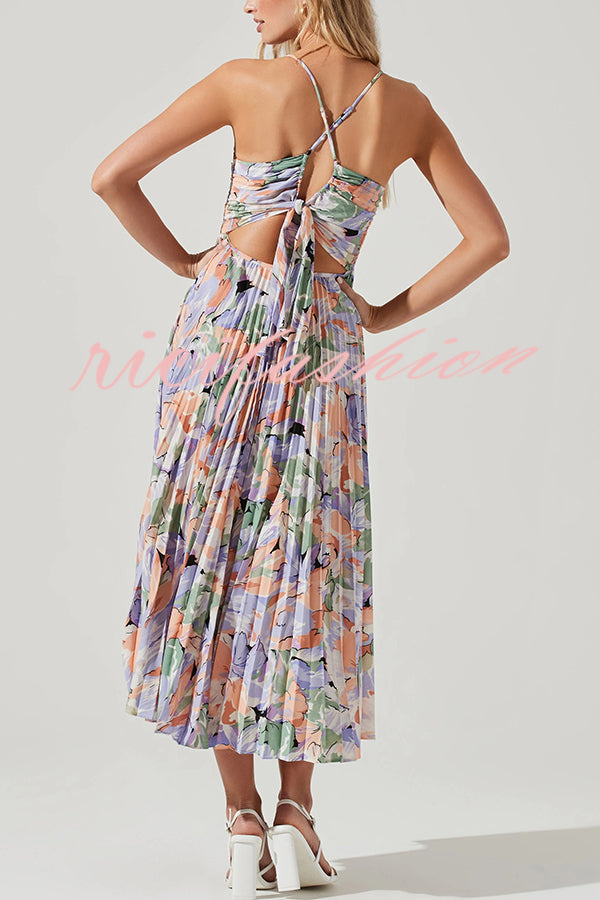 Wedding Party Season Floral Print Pleated Back Tie-up Midi Dress