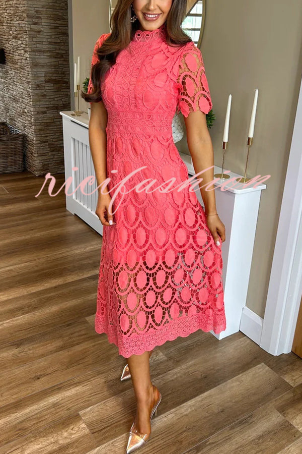 Elegant Crocheted Cutout Lace Short-sleeved Stand-collar Midi Dress