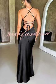 Satin Solid Color Sexy Backless Lace Up High Slit Maxi Dress