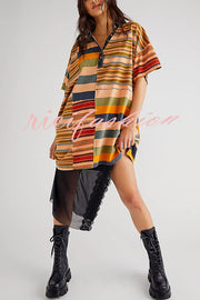 Contrast Striped Patchwork Denim Lapel Loose Casual Mini Dress