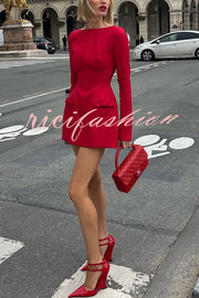 Budding Elegance Bow Detail Boat Neck Long Sleeve Mini Dress