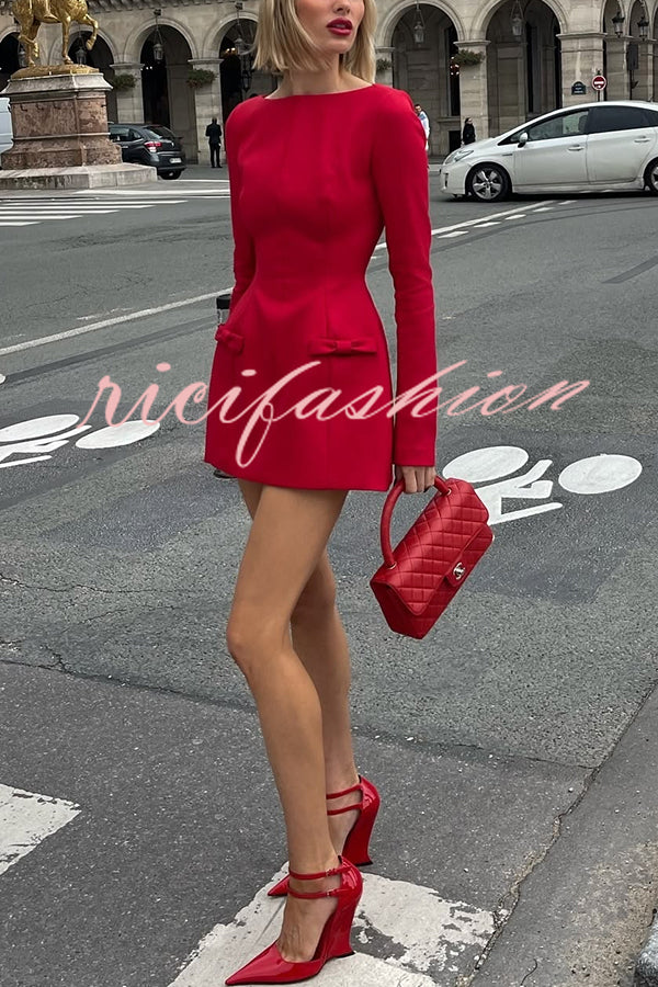 Budding Elegance Bow Detail Boat Neck Long Sleeve Mini Dress