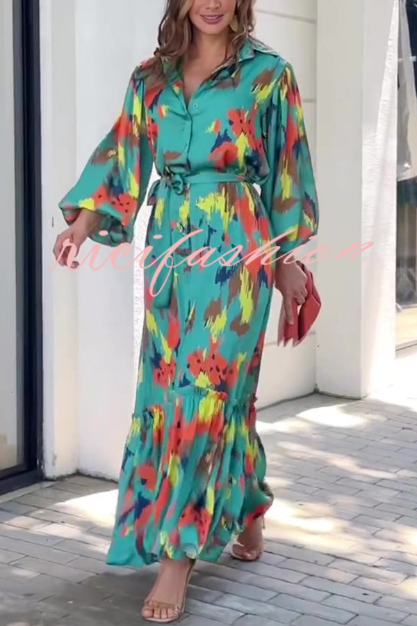 Multicolor Printed Lapel Balloon Sleeves Tie-waist Maxi Dress