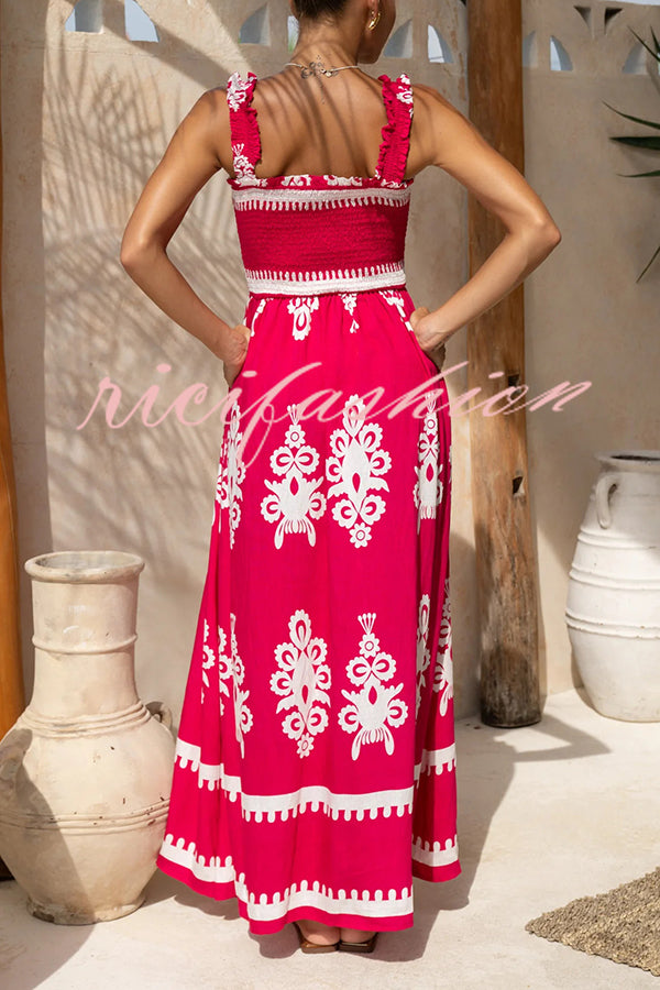 National Boho Style Unique Print Smocked Bust Wide Strap Pocket Maxi Dress